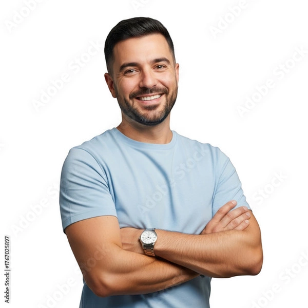 Fototapeta A confident and happy young man with a beard and a watch smiles with his arms crossed isolated on transparent background