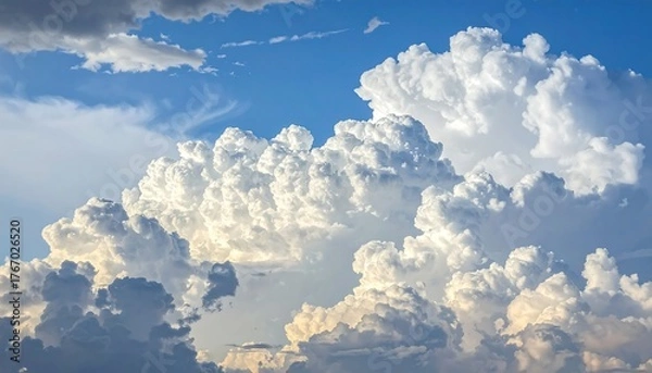 Obraz Cumulus clouds dominate the bright blue sky, puffy and white