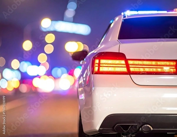 Obraz Close-up view of a police car at night with flashing lights
