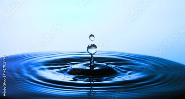 Fototapeta A clean blue water drop splash creating a clear ripple and  circular waves