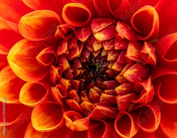 Obraz Close-up view of a vibrant, layered dahlia bloom in fiery red and orange hues