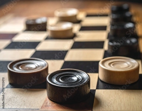 Obraz Close-up view of checkers board with pieces in various positions