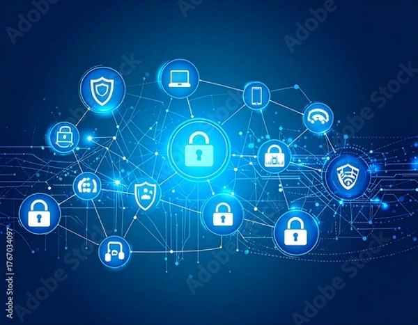 Obraz Cyber security concept, connecting digital devices. Blue network with lock icons