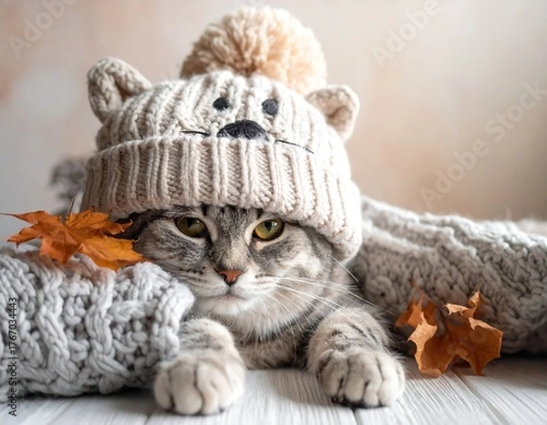 Obraz Cute tabby cat wearing a knitted winter hat and scarf, autumn leaves