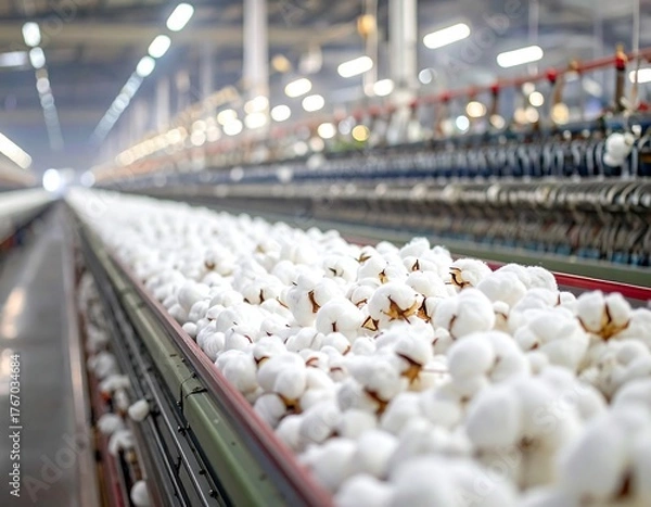 Obraz Close-up view of cotton bolls on textile factory production line