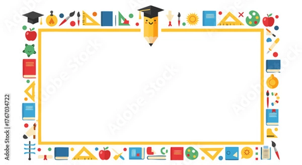 Fototapeta Educational Border Frame with School Supplies and Graduation Cap, Perfect for Children's Projects and Creative Learning Designs