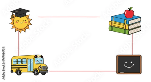Fototapeta Education journey from sunny start to knowledge acquisition, symbolizing school bus, books, and a happy blackboard, representing the path of learning and growth
