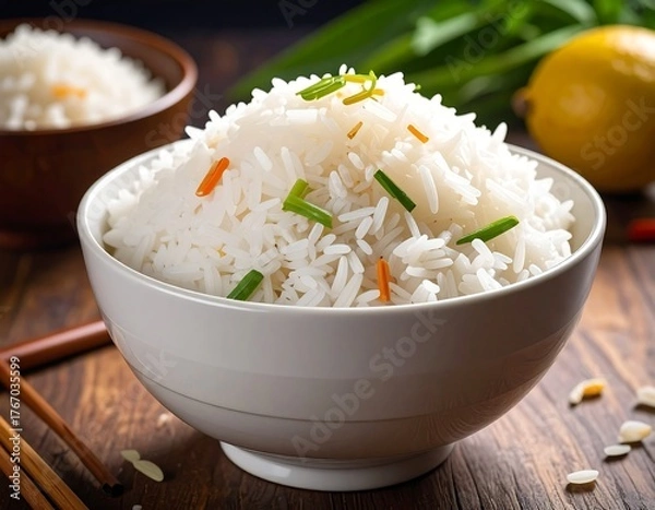 Obraz Close-up view of fluffy white rice in bowl, garnished with green herbs