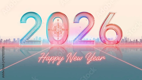 Fototapeta Serene Reflective 2026 Happy New Year Vector with Vibrant Gradient Sky