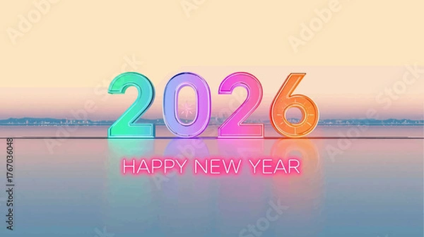 Fototapeta Serene Reflective 2026 Happy New Year Vector with Vibrant Gradient colors