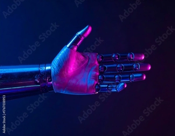 Obraz Close-up view of metallic robotic hand with vibrant blue and pink lighting