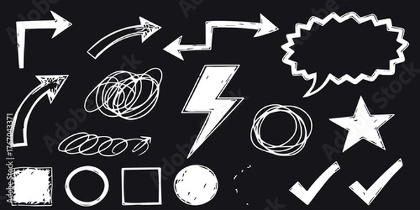Fototapeta Collection of hand-drawn geometric shapes arrows lightning bolts and speech bubble design elements vector