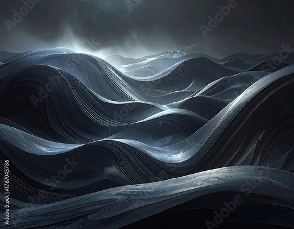 Obraz Dark, undulating, metallic, wave-like landscape with moody lighting