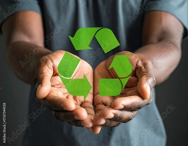 Obraz Dark-skinned hands cupping a green leaf-based recycling symbol