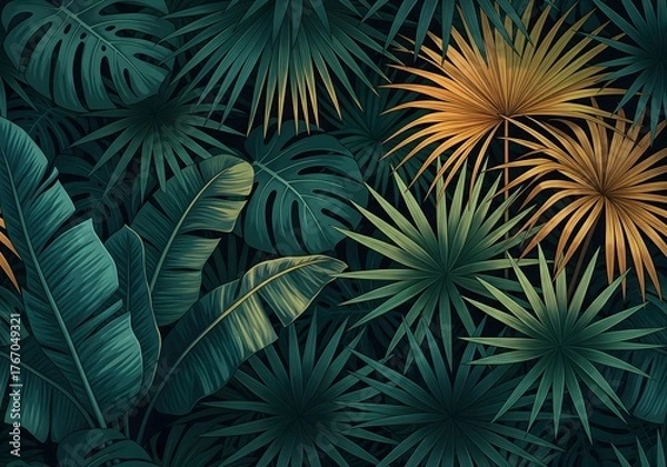 Fototapeta Lush tropical foliage background with stunning golden palm fronds creating a vibrant, elegant botanical print for your designs