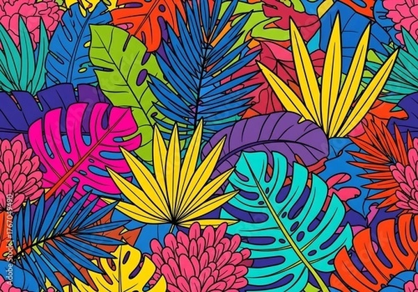 Fototapeta Vibrant tropical foliage pattern for striking summer designs and bold, colorful botanical backgrounds perfect for eye catching projects