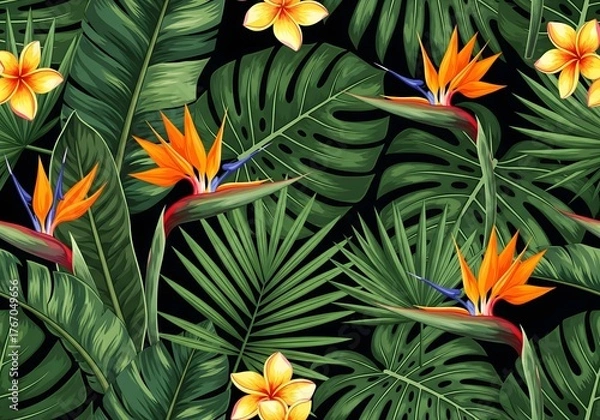 Fototapeta Vibrant tropical foliage and birds of paradise creates a lush paradise pattern perfect for textiles, wallpaper, and exotic backgrounds