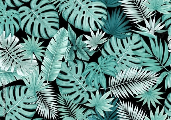 Fototapeta Stunning seamless pattern of tropical leaves in trendy teal tones perfect for vibrant summer designs and elegant botanical backgrounds
