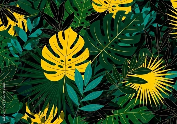 Fototapeta Vibrant tropical foliage pattern with bold green and yellow leaves creating a lush, modern jungle vibe for eye-catching designs
