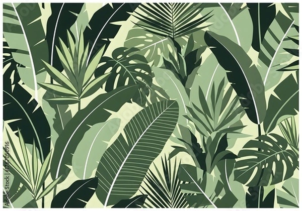 Fototapeta Lush botanical illustration of tropical leaves creating a vibrant jungle pattern, perfect for textiles, wallpaper, and modern design projects