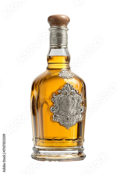 Fototapeta Alcohol bottle on white background, isolated glass container for beverage mockup and realistic 3D presentation.