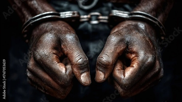 Fototapeta Person's dark skin hands are cuffed in heavy metal handcuffs, showing concepts of arrest, prisoner, crime, and justice against a dark background, depicting oppression and human rights issues