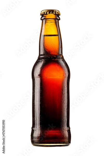 Fototapeta Brown beer bottle, isolated glass container for beverage mockup on white background, realistic 3D presentation.