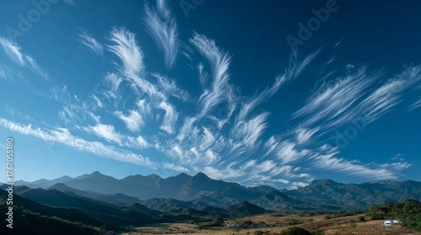 Obraz Stunning wispy clouds paint a dramatic sky above layered mountain peaks and arid valley landscape under brilliant blue