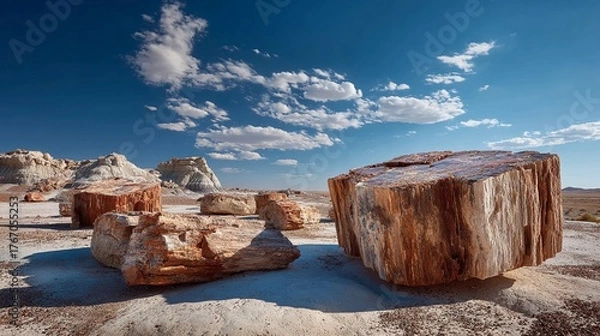 Fototapeta Stunning ancient petrified wood logs scattered across a sun-drenched desert landscape under a vibrant blue sky with scattered clouds