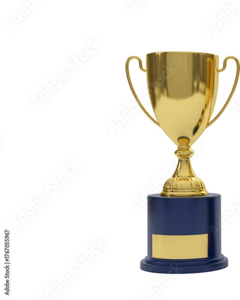 Obraz Golden victory award trophy with reflective finish and dark blue pedestal isolated object.