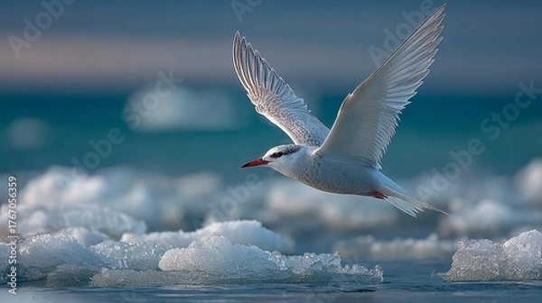 Obraz Graceful arctic tern soars over icy waters, wings spread wide in a stunning display of natural freedom and wild beauty