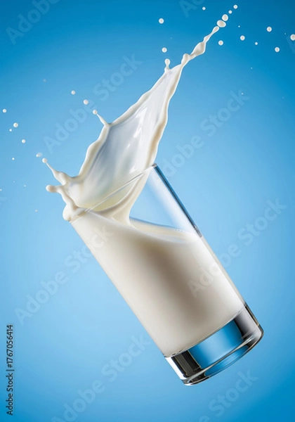Obraz Dynamic splash of fresh white milk erupting from a tilted glass on a vibrant blue solid field.