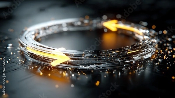 Fototapeta Dynamic digital energy flow with glowing arrows in a futuristic technological circuit board environment, representing data transfer and innovation.