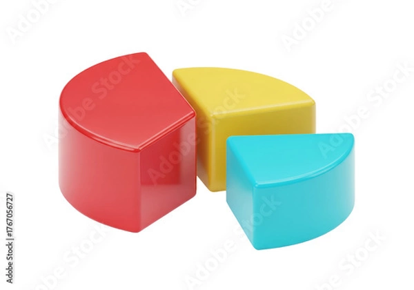 Obraz Three glossy 3D segments of a pie chart rendered in red, yellow, and blue colors, representing data analysis and division.