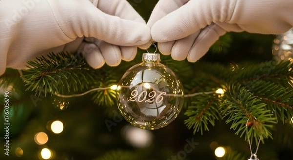 Fototapeta Hands in gloves decorating christmas tree with 2020 ornament