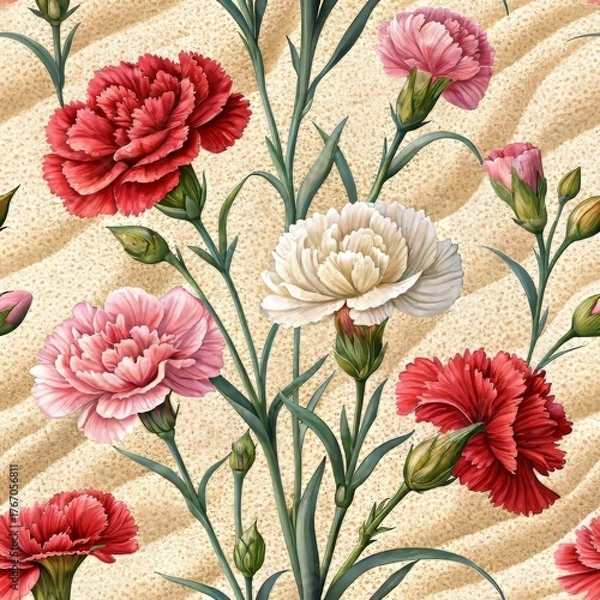 Fototapeta Group of colorful Carnation flowers on sand background.