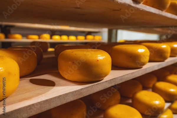 Fototapeta Wooden shelves with hard matured cheese from cow's milk at cheese factory in Holland