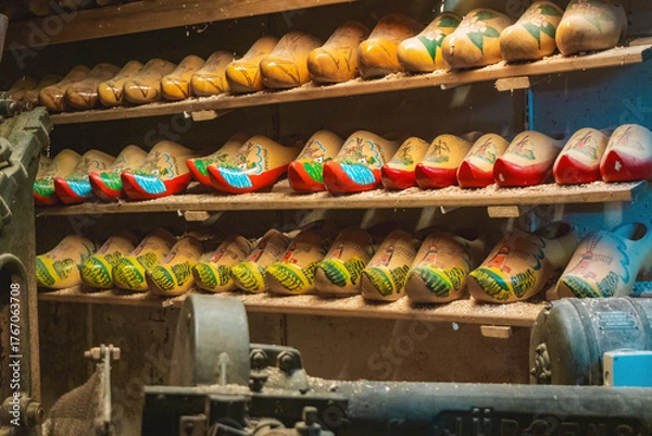 Fototapeta Classic wooden clogs in a display cabinet in an old factory in the Netherlands