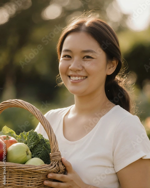 Fototapeta Woman smiling with a basket of fresh vegetables in a garden