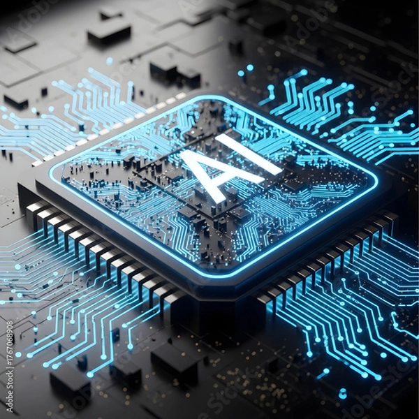 Obraz AI Microchip with Luminous Blue Circuitry