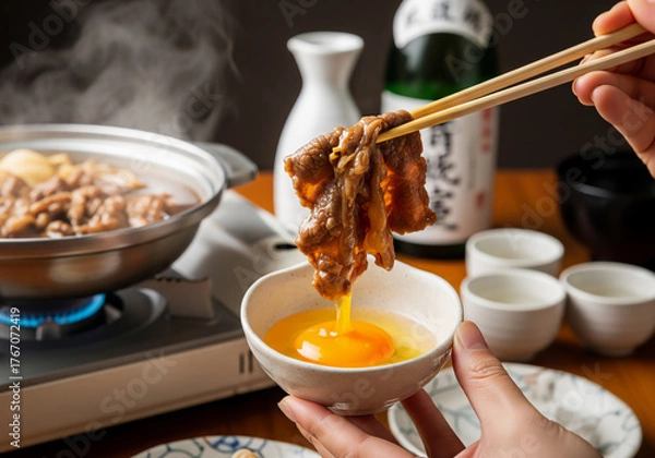 Obraz とろける牛肉を卵黄に絡める瞬間、湯気立つすき焼き鍋と日本酒で贅沢な冬の食卓