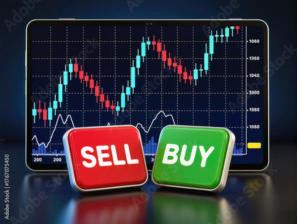 Fototapeta The red “SELL” and green “BUY” buttons in front of the stock chart