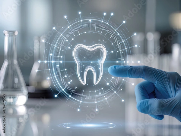 Fototapeta Futuristic dentistry, teeth care concept with glowing low polygonal human molar tooth.