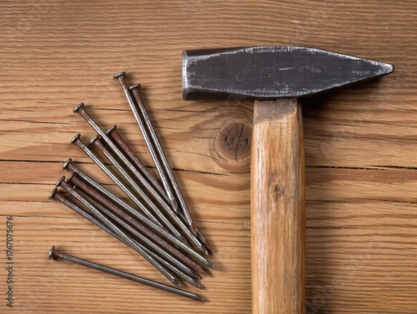 Fototapeta An old hammer and rusty nails resting on a wooden surface. Suitable for repair, construction, and craft-themed projects.