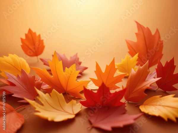 Fototapeta Golden autumn tree with falling leaves and warm glow, perfect for seasonal cards, nature art, or cozy fall-themed designs.