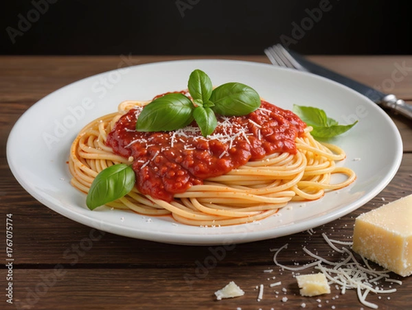 Fototapeta Spaghetti with tomato sauce, garnished with fresh basil and Parmesan; vibrant colors stand out against a dark background, appetizing and rustic.