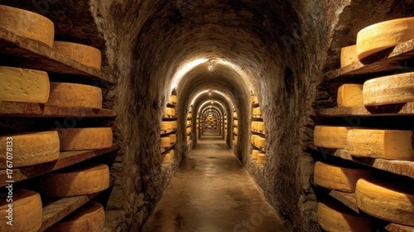 Fototapeta Fontina Cheese from Valle d'Aosta: A Lovely Isolated Delight in Brown and Yellow, Framed by Architectural Hallways and Tunnels