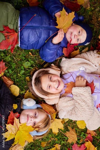 Fototapeta Children play in the autumn leaves