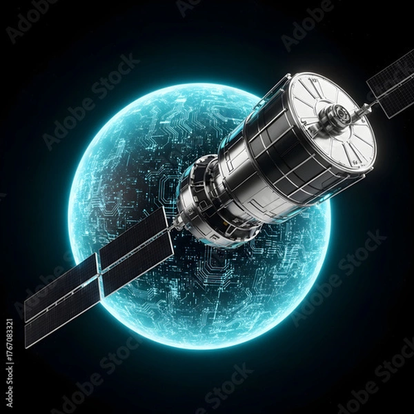Obraz Satellite orbiting Earth with glowing digital light