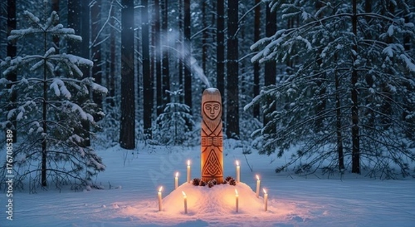 Fototapeta Ancient carved wooden idol stands majestically in a magical snowy winter forest. Warm illuminated candles glow, celebrating a mystical Yule tradition. Serene winter solstice ceremony.